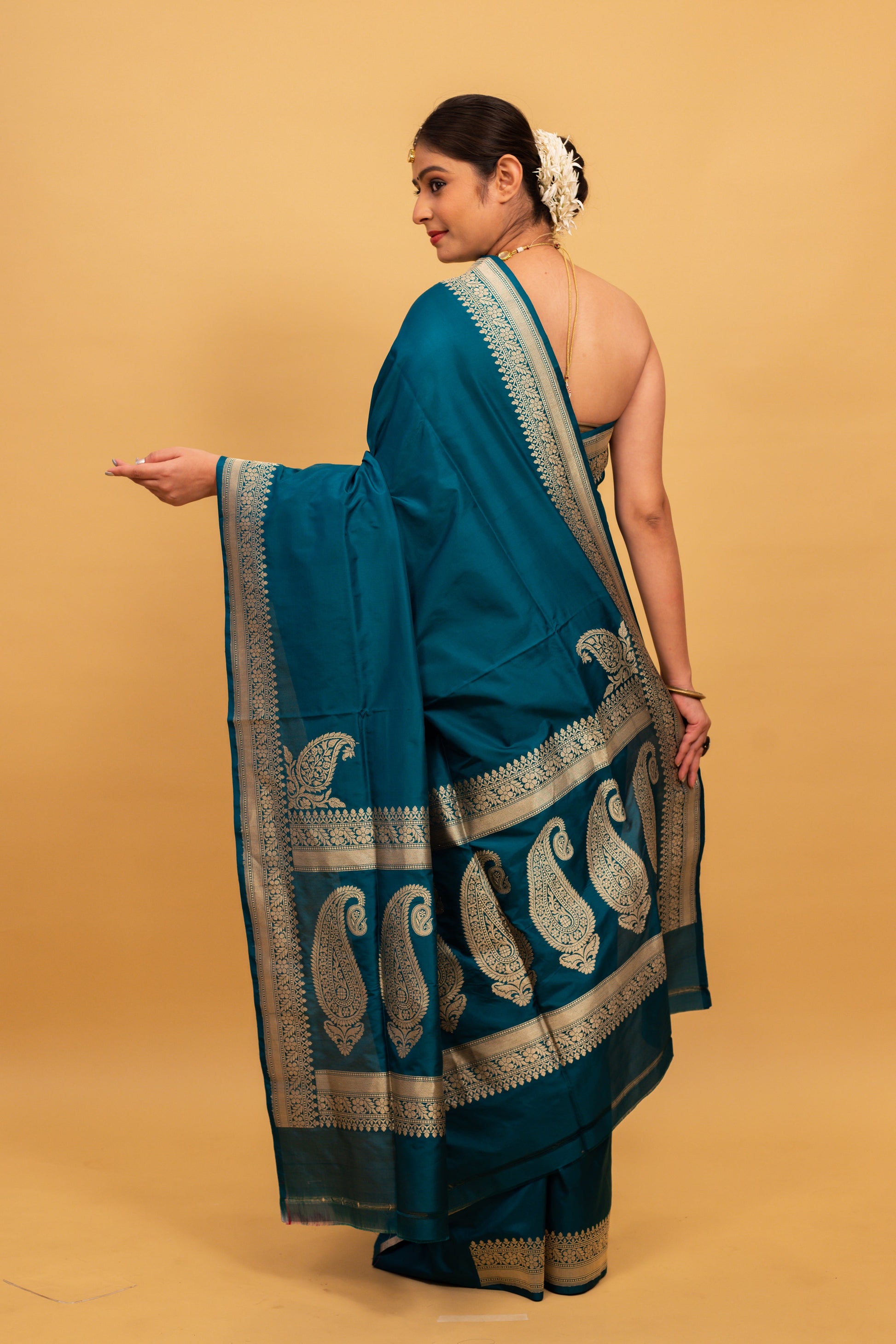 Teal Saree Katan Silk Handwoven - Panaya