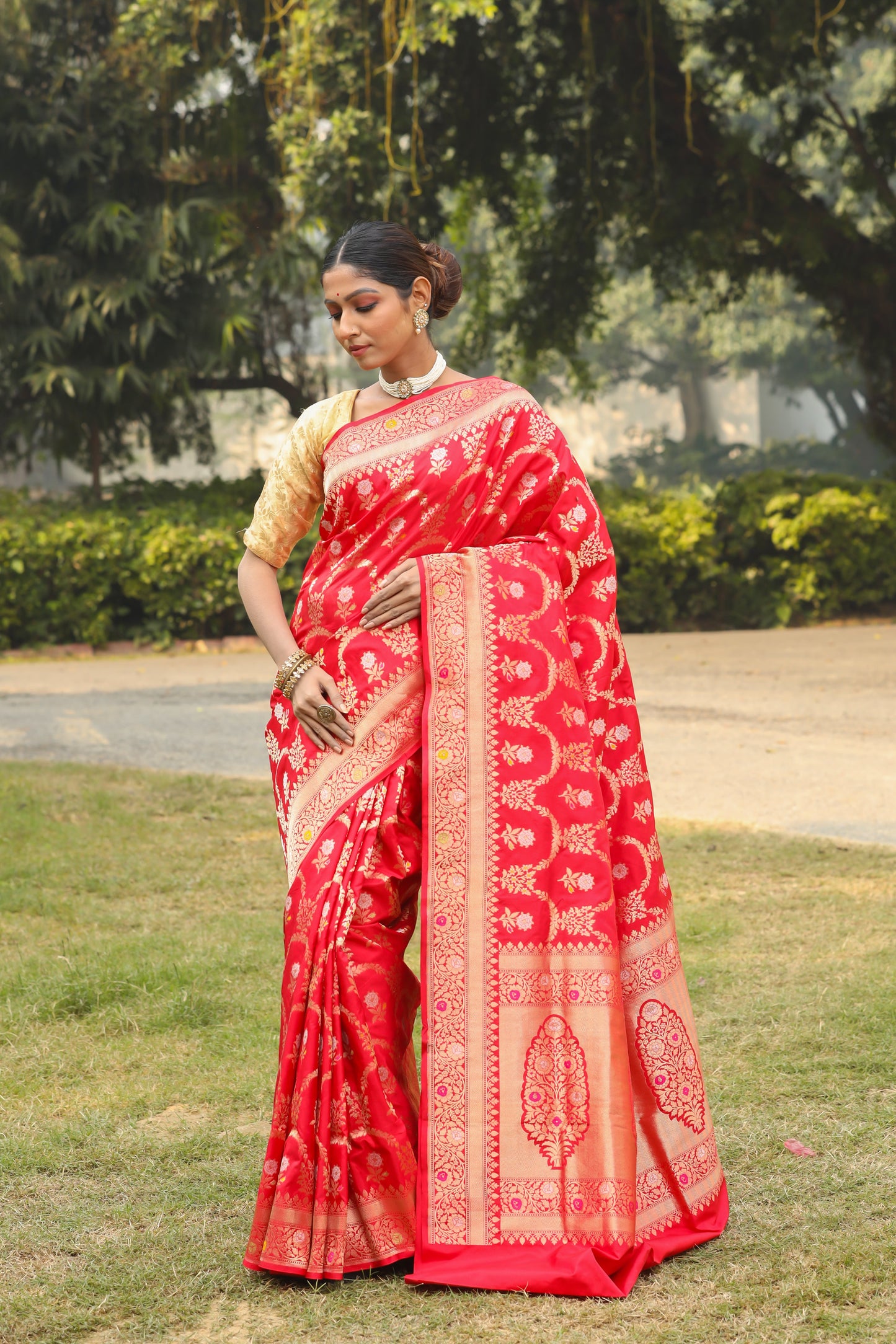 Red Katan Pure Silk Cutwork Saree - Panaya