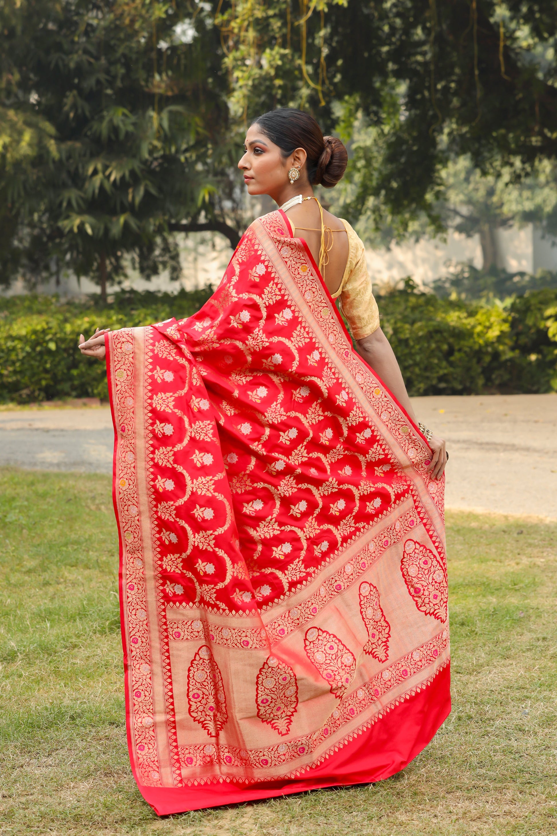 Red Katan Pure Silk Cutwork Saree - Panaya