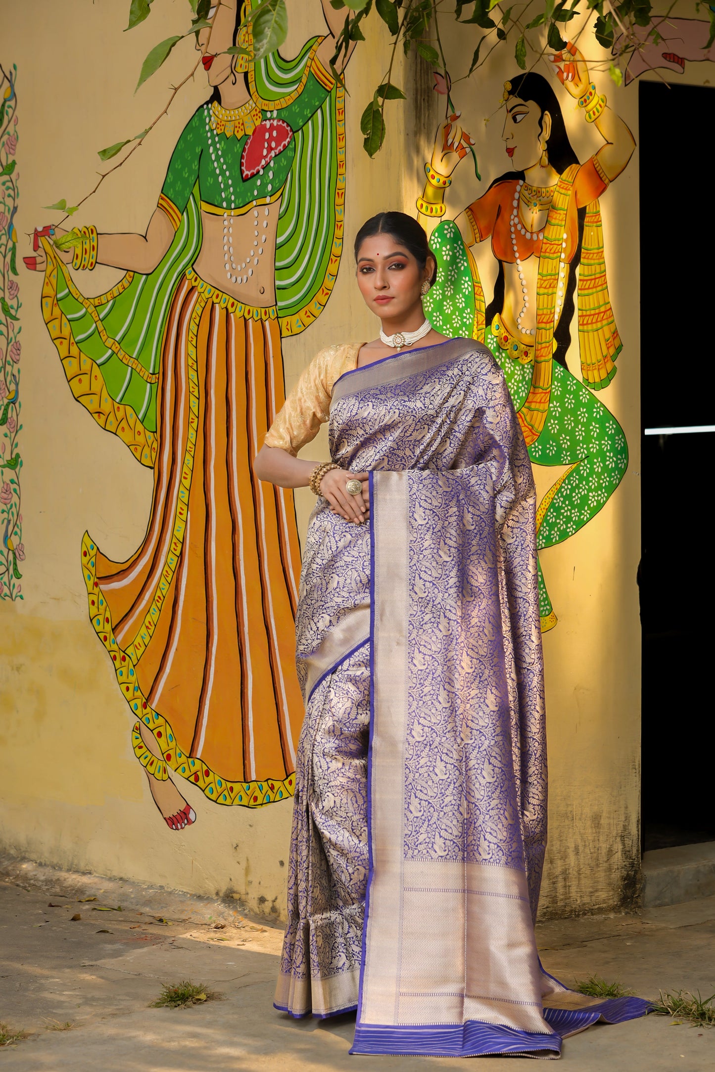 Royal Blue Katan Pure Silk Tanchoi Saree - Panaya