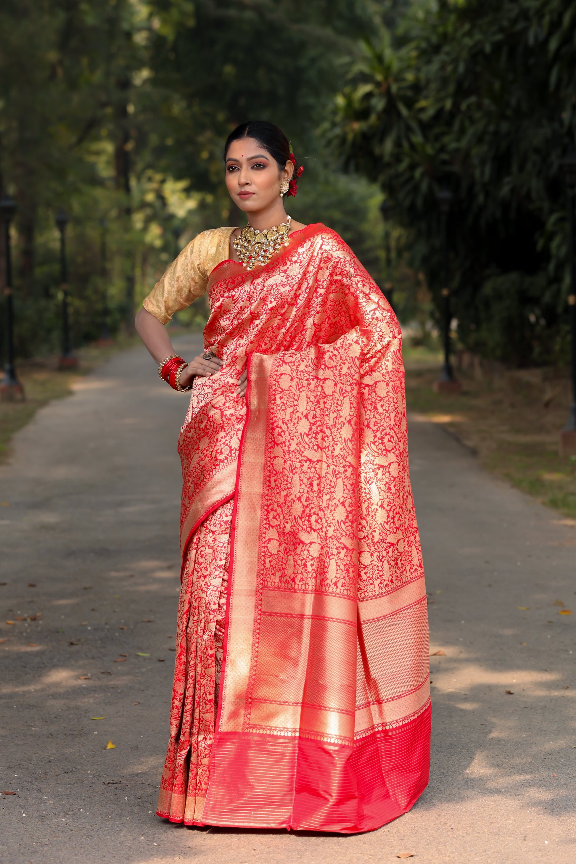 Red Katan Pure Silk Tanchoi Saree - Panaya