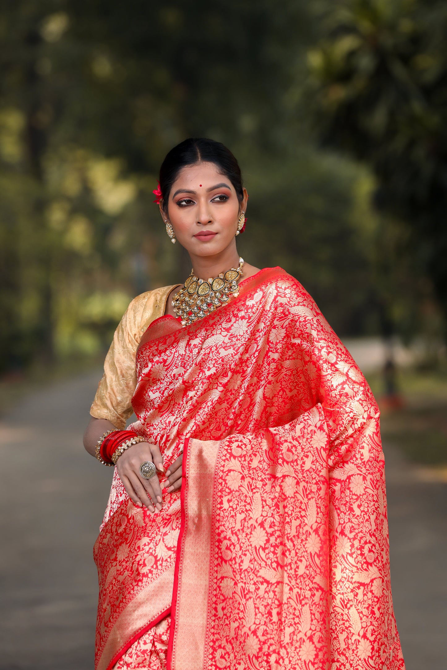 Red Katan Pure Silk Tanchoi Saree - Panaya