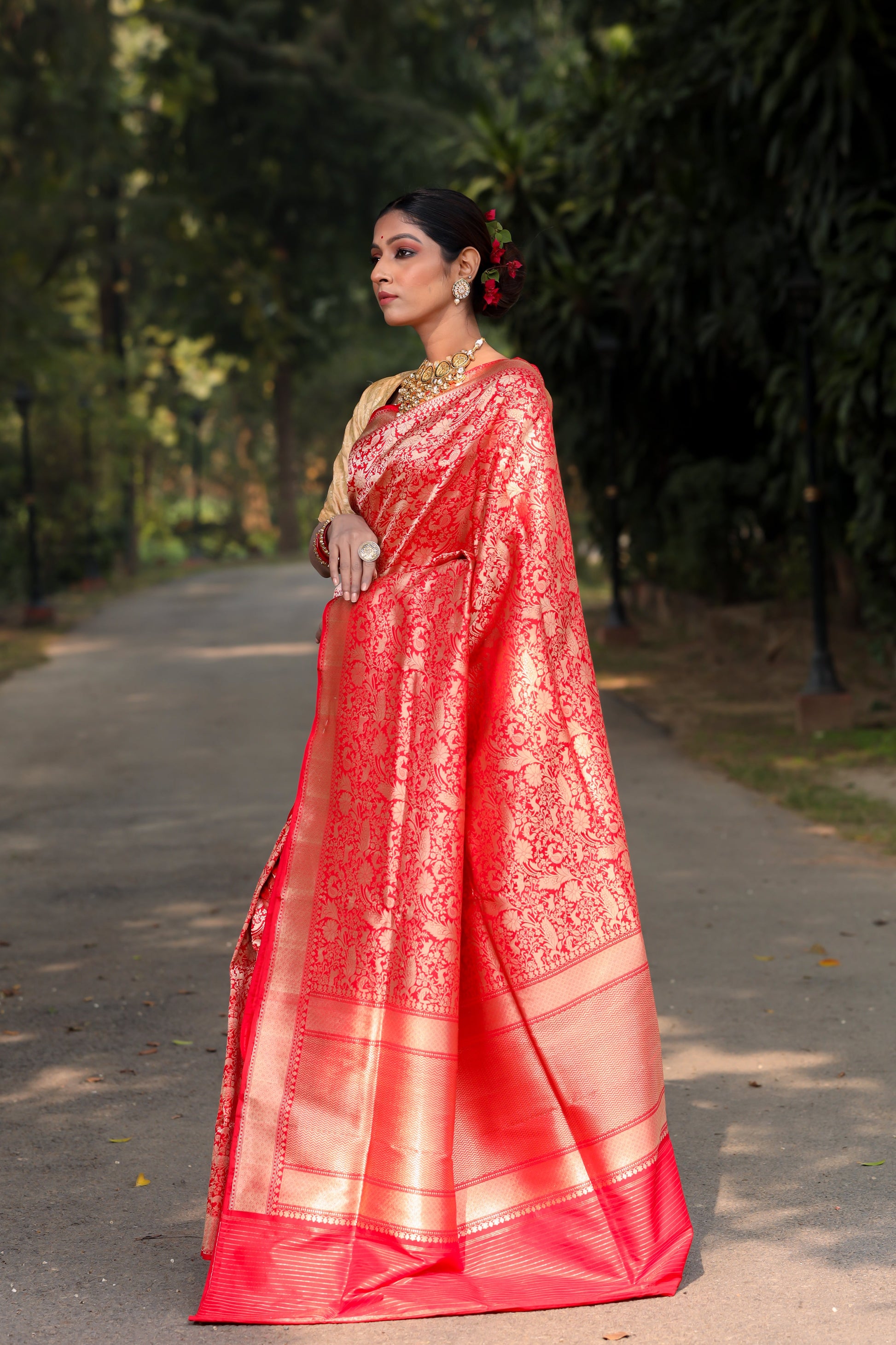 Red Katan Pure Silk Tanchoi Saree - Panaya