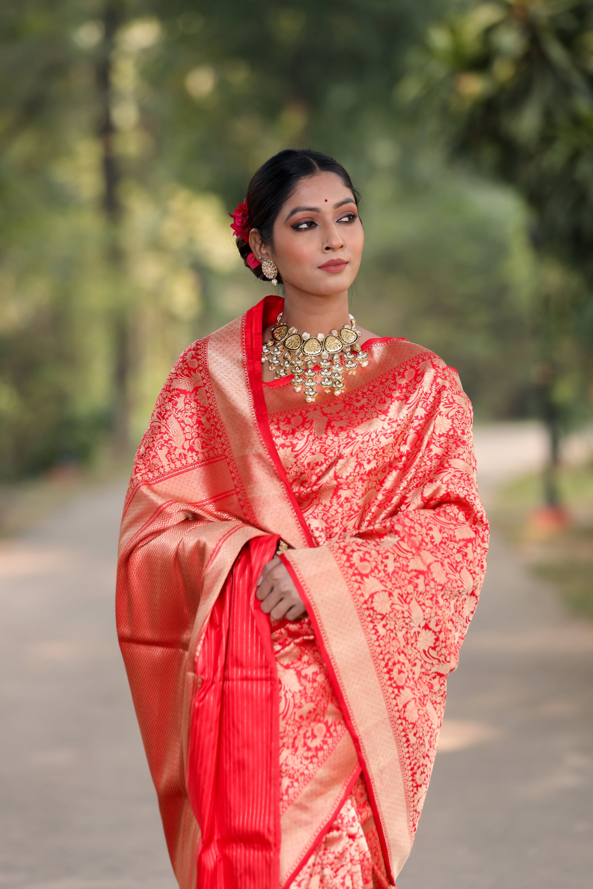 Red Katan Pure Silk Tanchoi Saree - Panaya