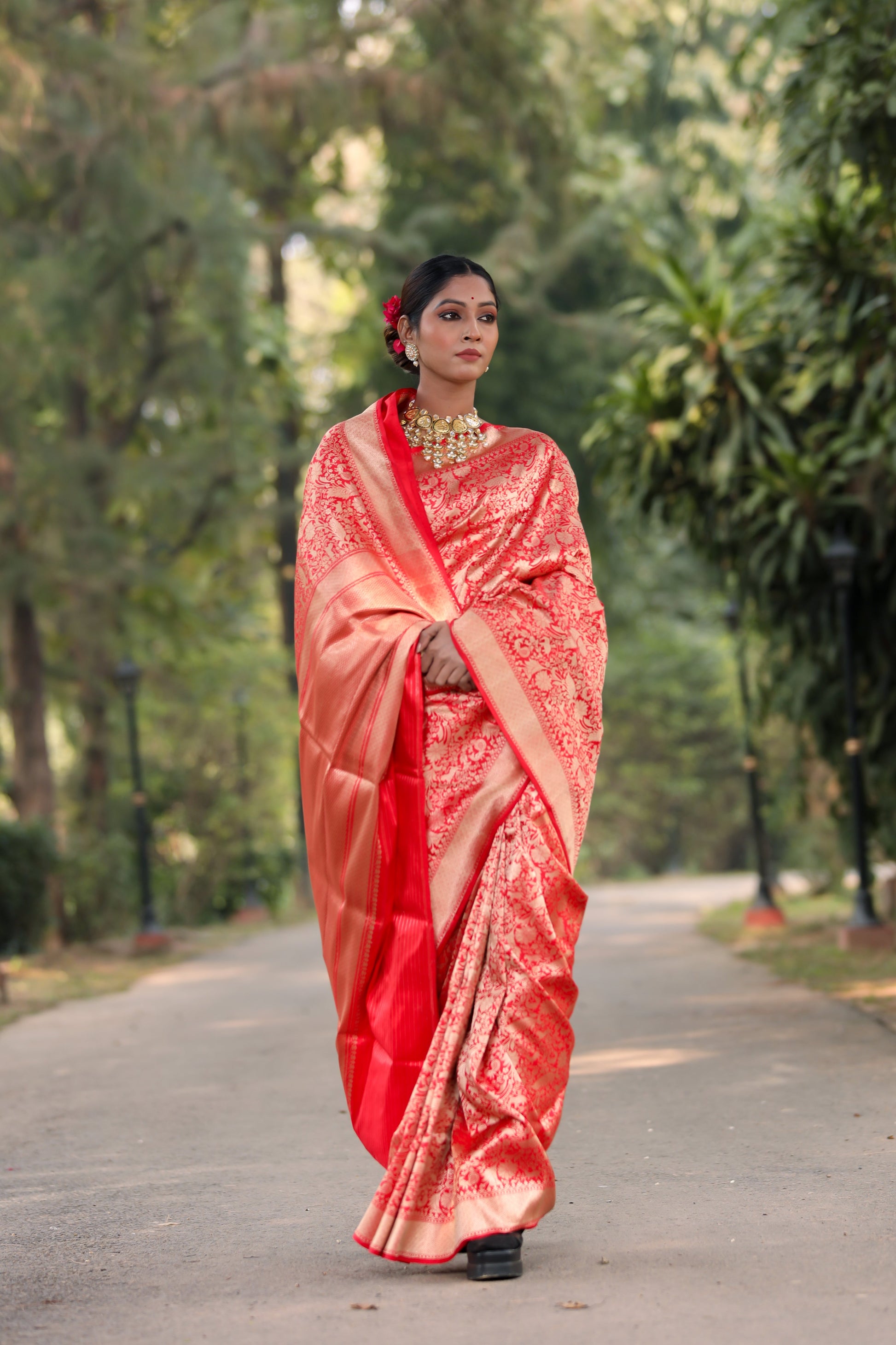 Red Katan Pure Silk Tanchoi Saree - Panaya