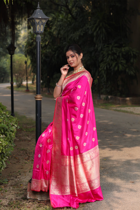 Rani Pink Katan Pure Silk Kadwa Saree - Panaya