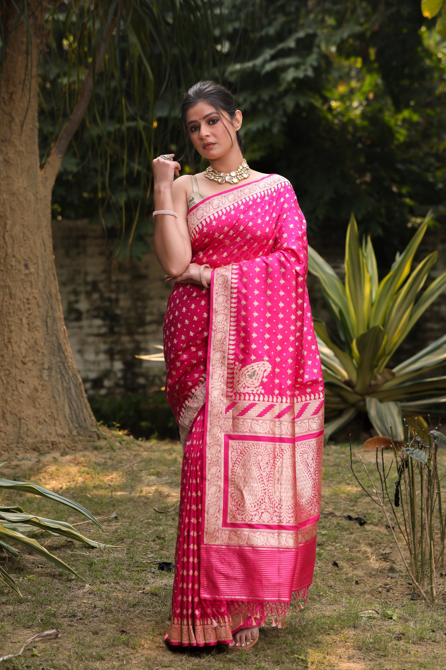 Rani Pink Katan Pure Silk Kadwa Saree - Panaya