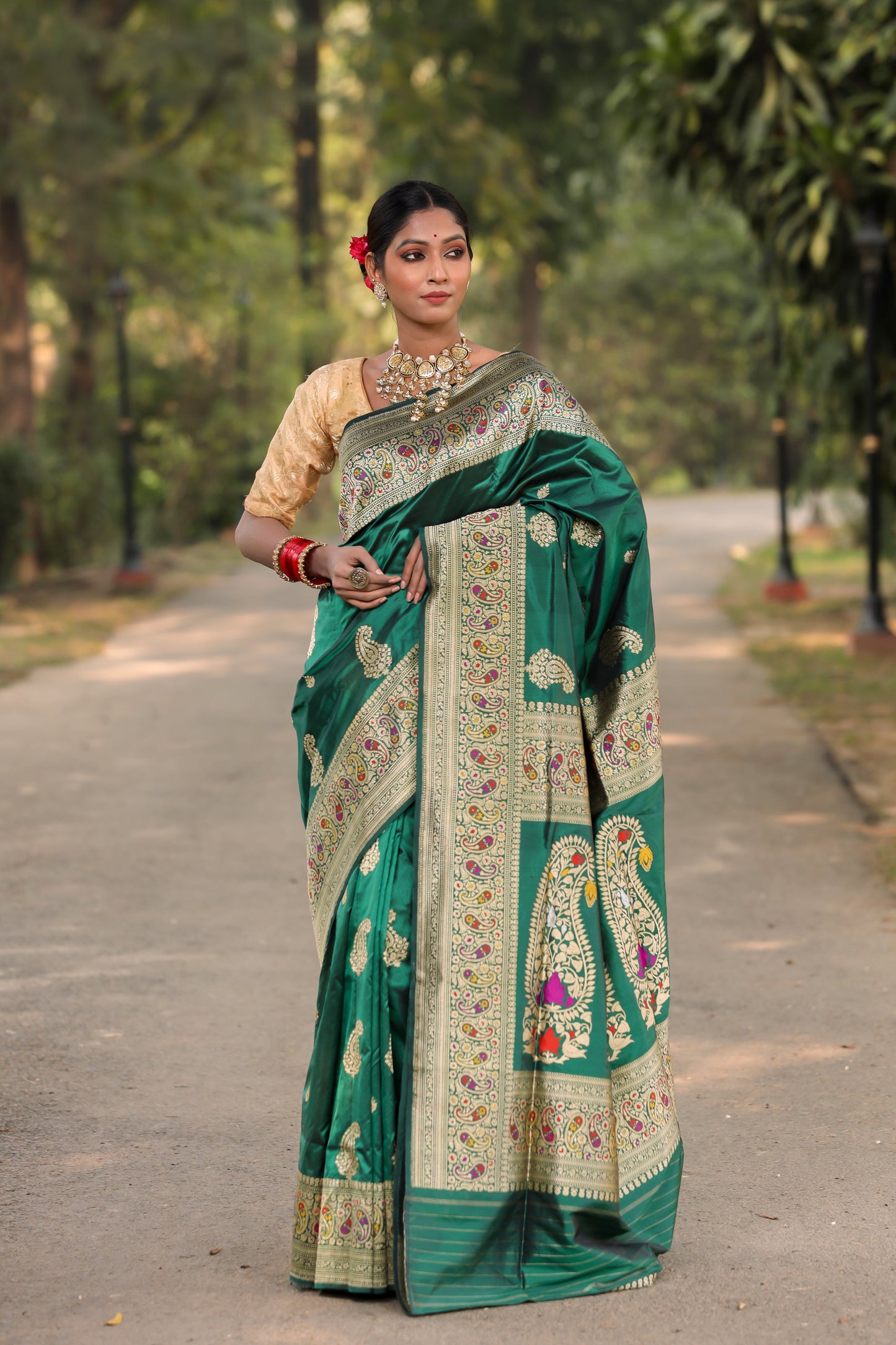 Bottle Green Katan Pure Silk Kadwa Saree