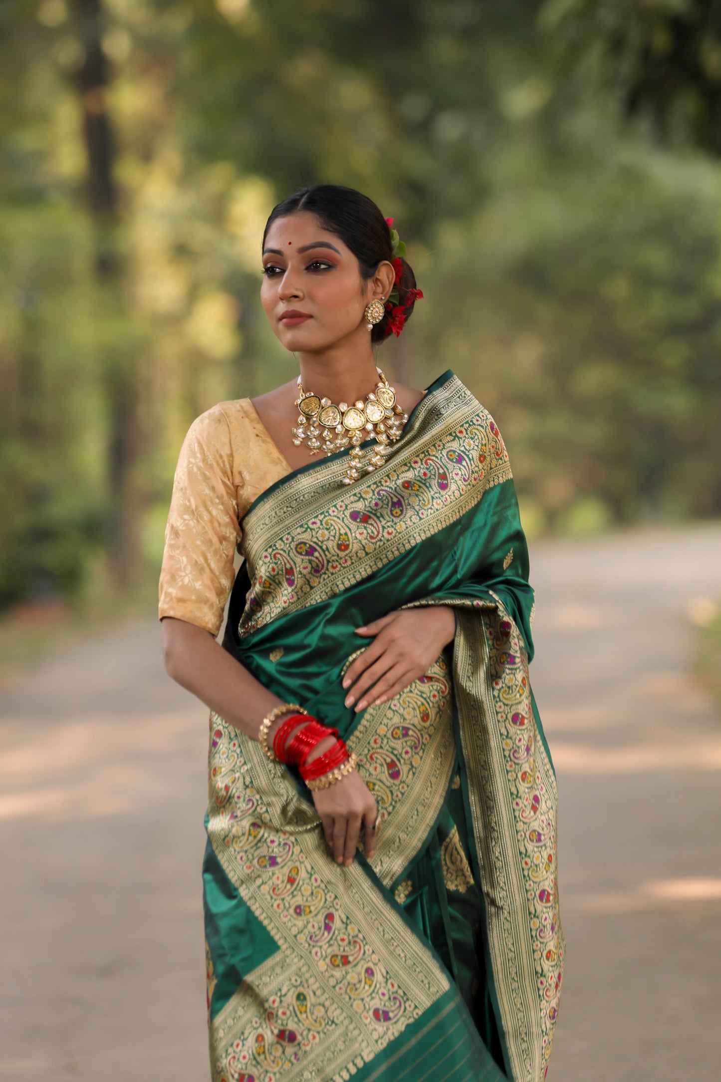 Bottle Green Katan Pure Silk Kadwa Saree