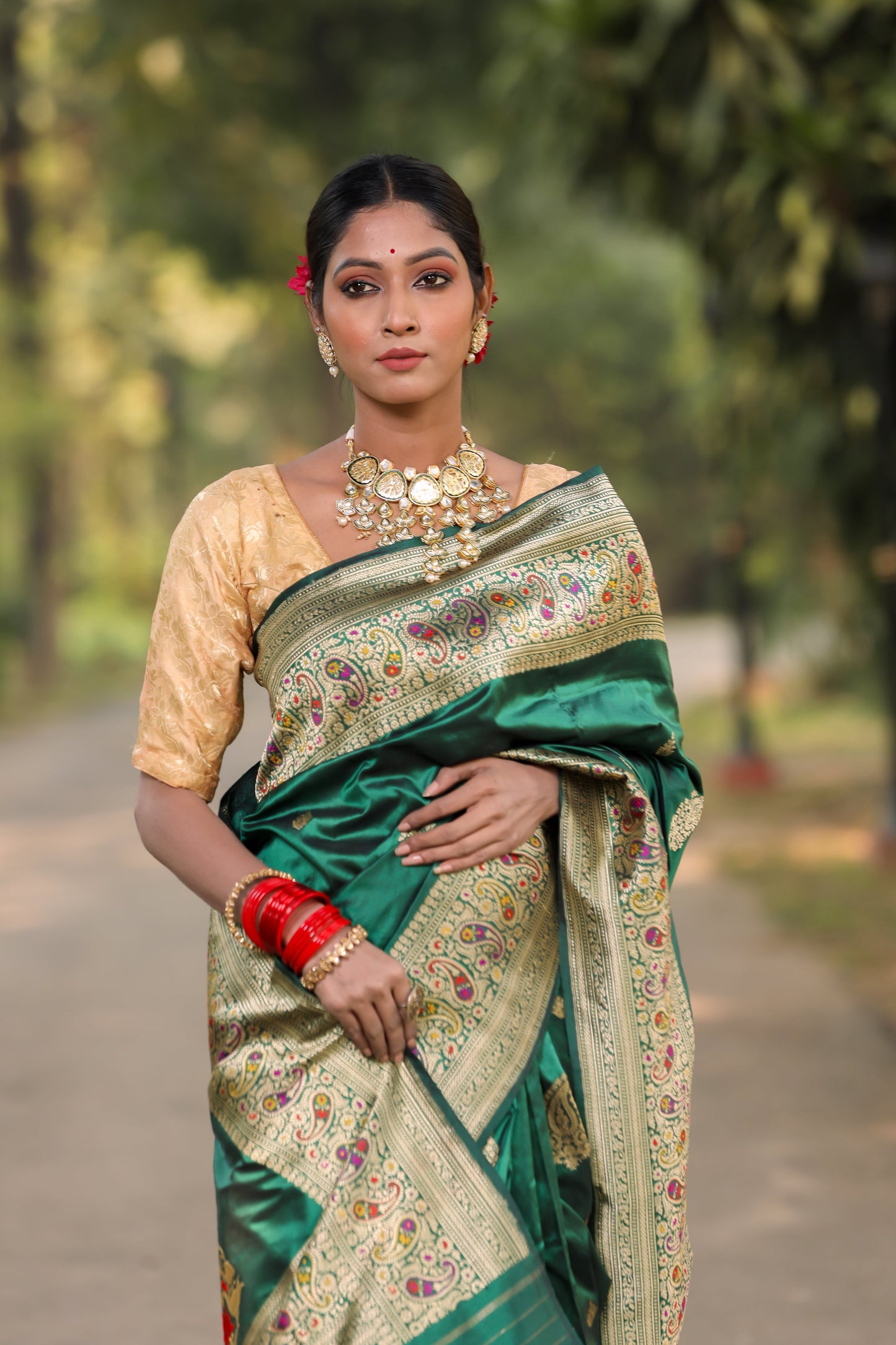 Bottle Green Katan Pure Silk Kadwa Saree - Panaya