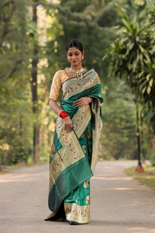 Bottle Green Katan Pure Silk Kadwa Saree - Panaya