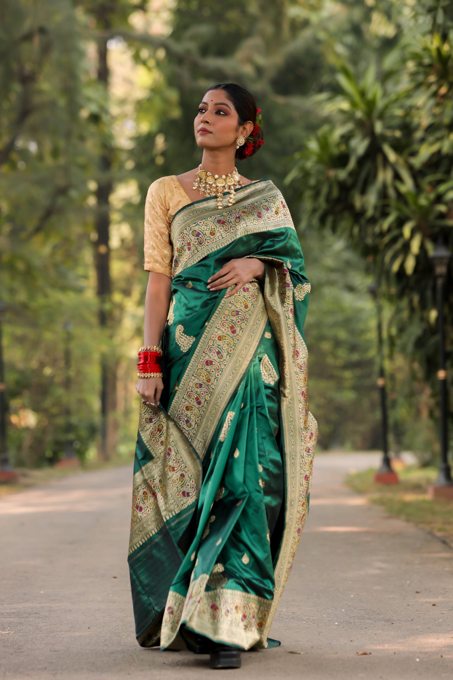 Bottle Green Katan Pure Silk Kadwa Saree - Panaya