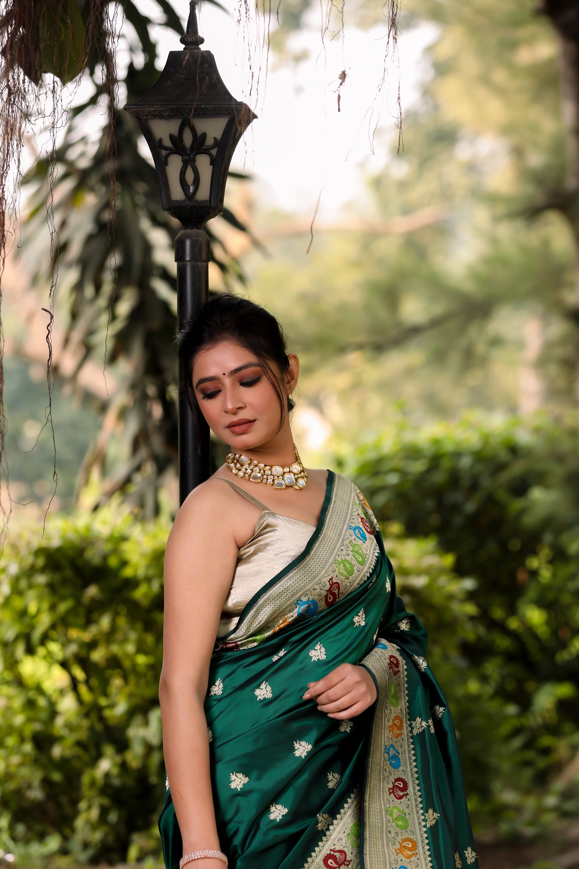 Bottle Green Katan Pure Silk Kadwa Saree - Panaya