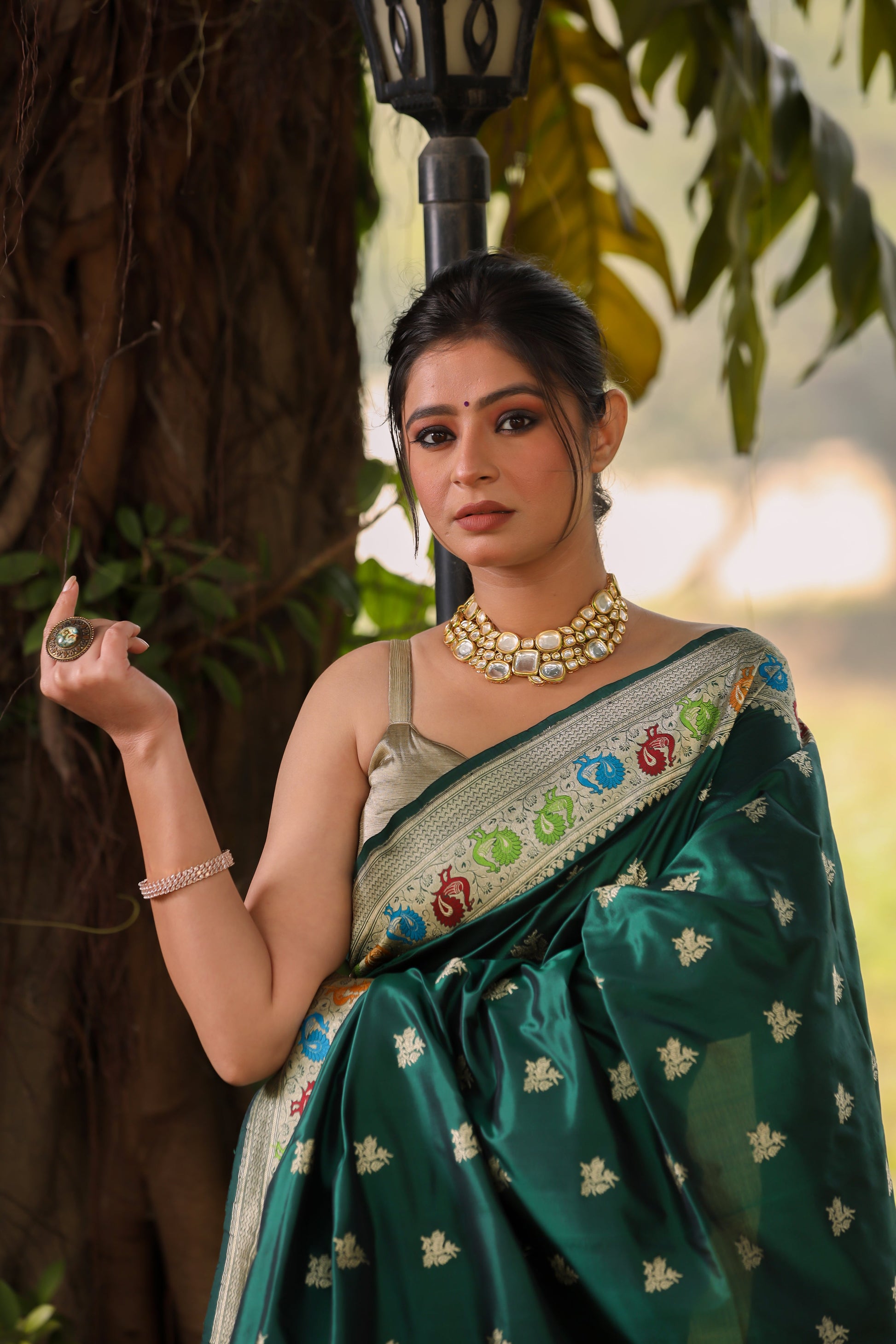 Bottle Green Katan Pure Silk Kadwa Saree - Panaya