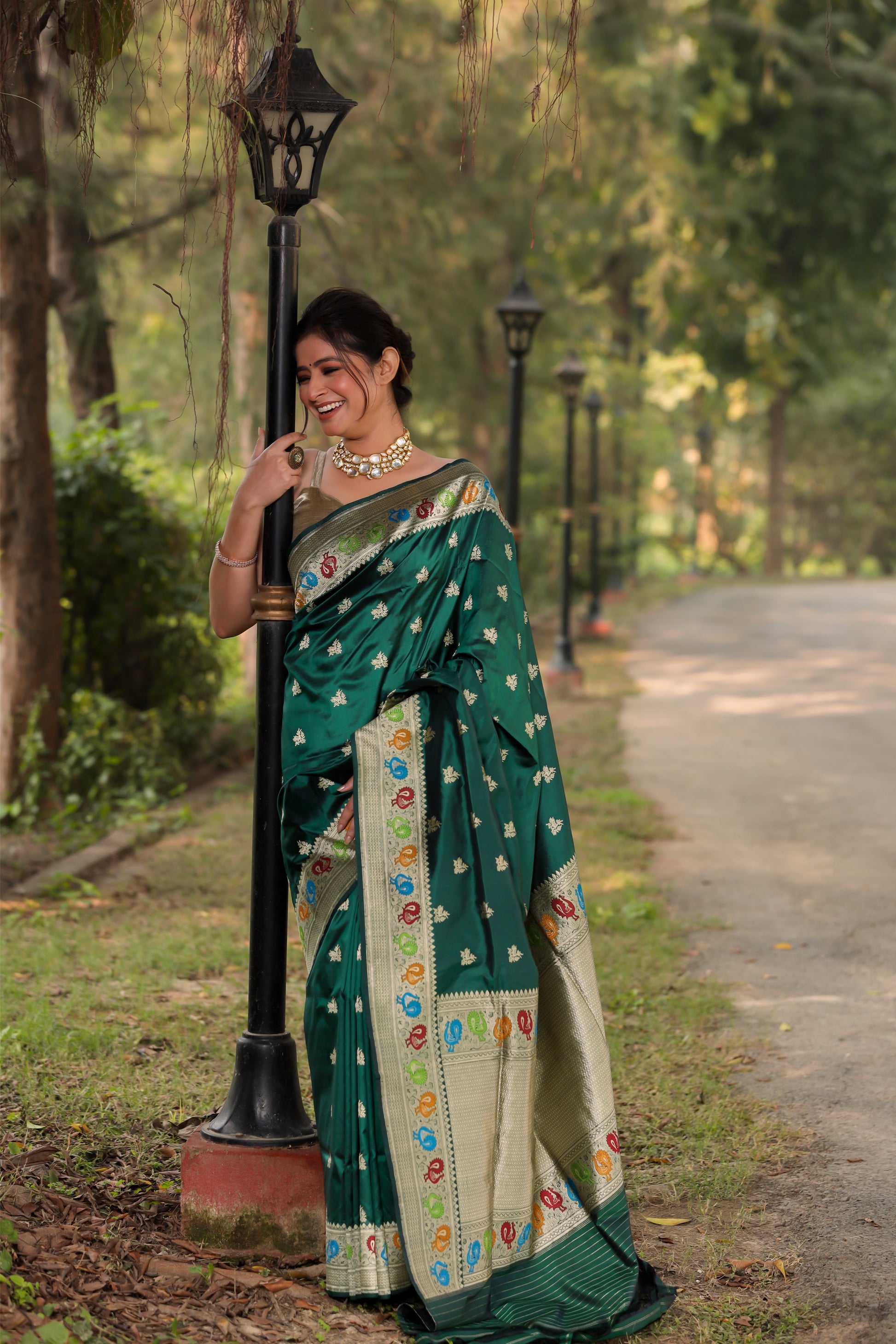 Bottle Green Katan Pure Silk Kadwa Saree - Panaya