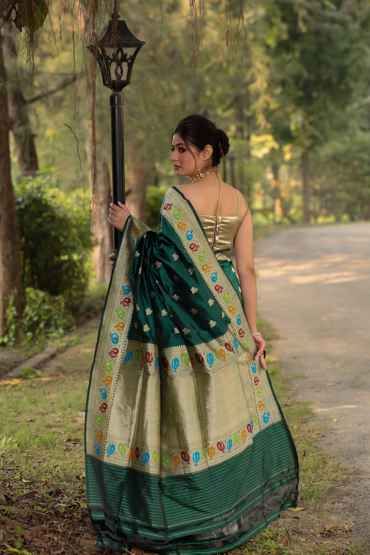 Bottle Green Katan Pure Silk Kadwa Saree