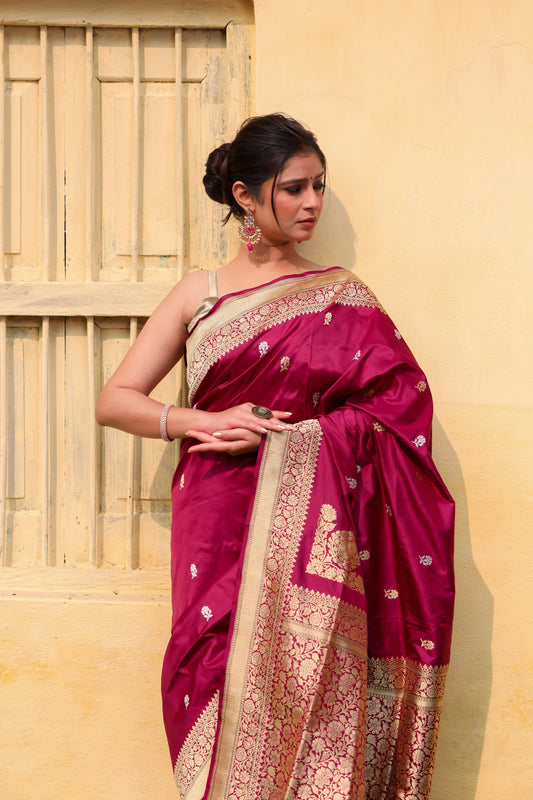 Magenta Katan Pure Silk Kadwa Saree - Panaya