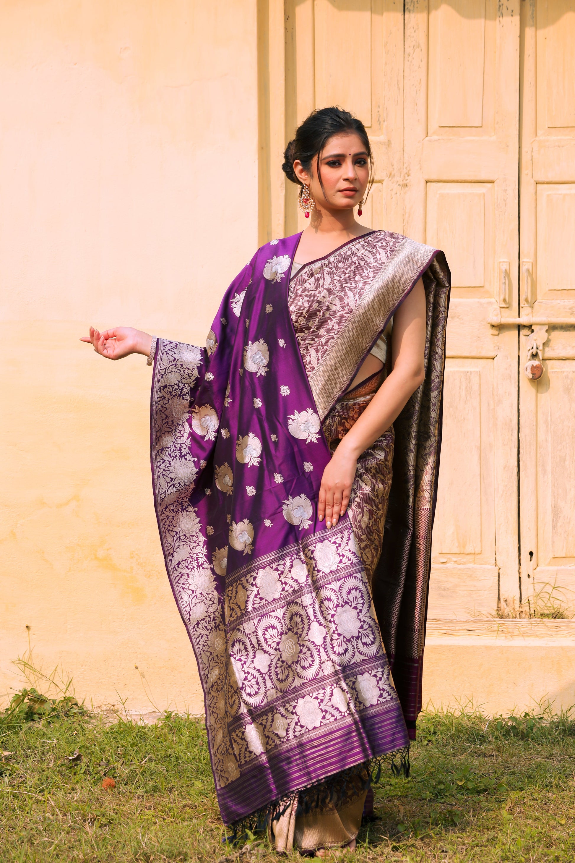 Purple Katan Pure Silk Tanchoi Saree - Panaya