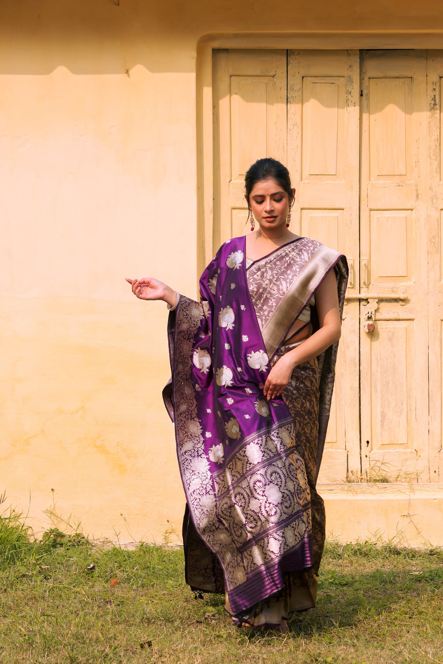 Purple Katan Pure Silk Tanchoi Saree - Panaya