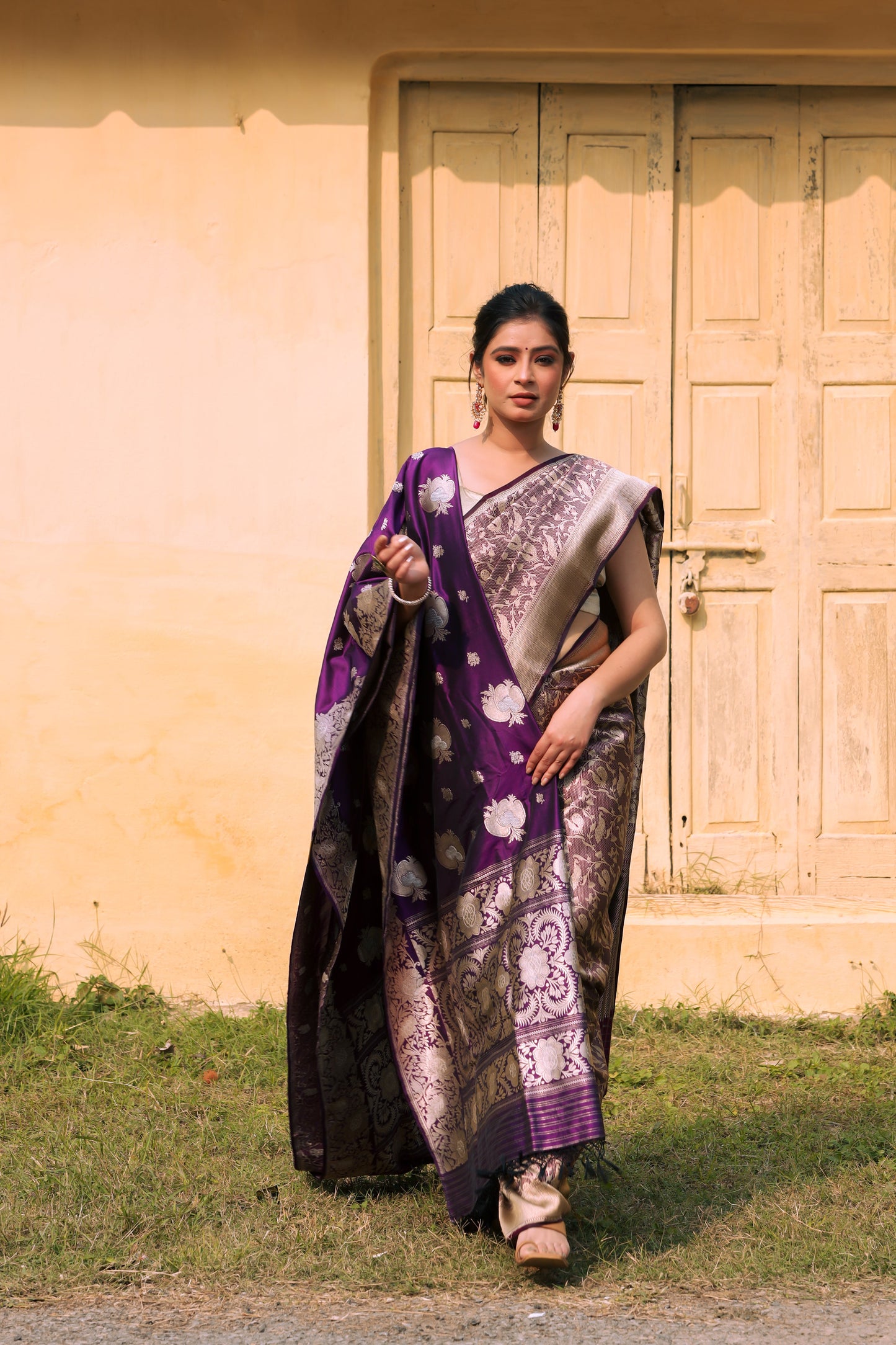 Purple Katan Pure Silk Tanchoi Saree - Panaya