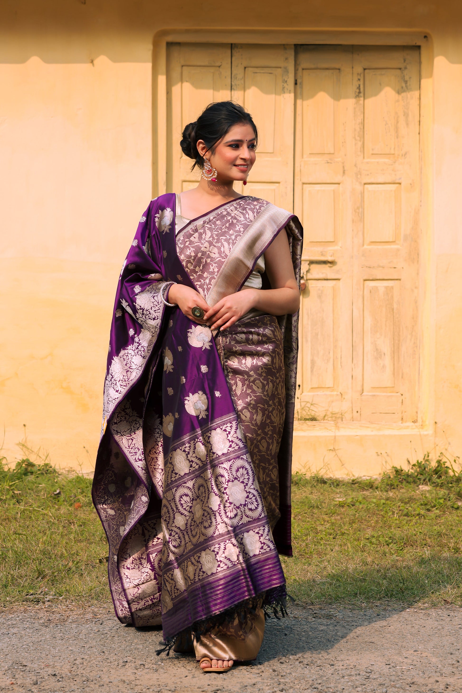 Purple Katan Pure Silk Tanchoi Saree - Panaya