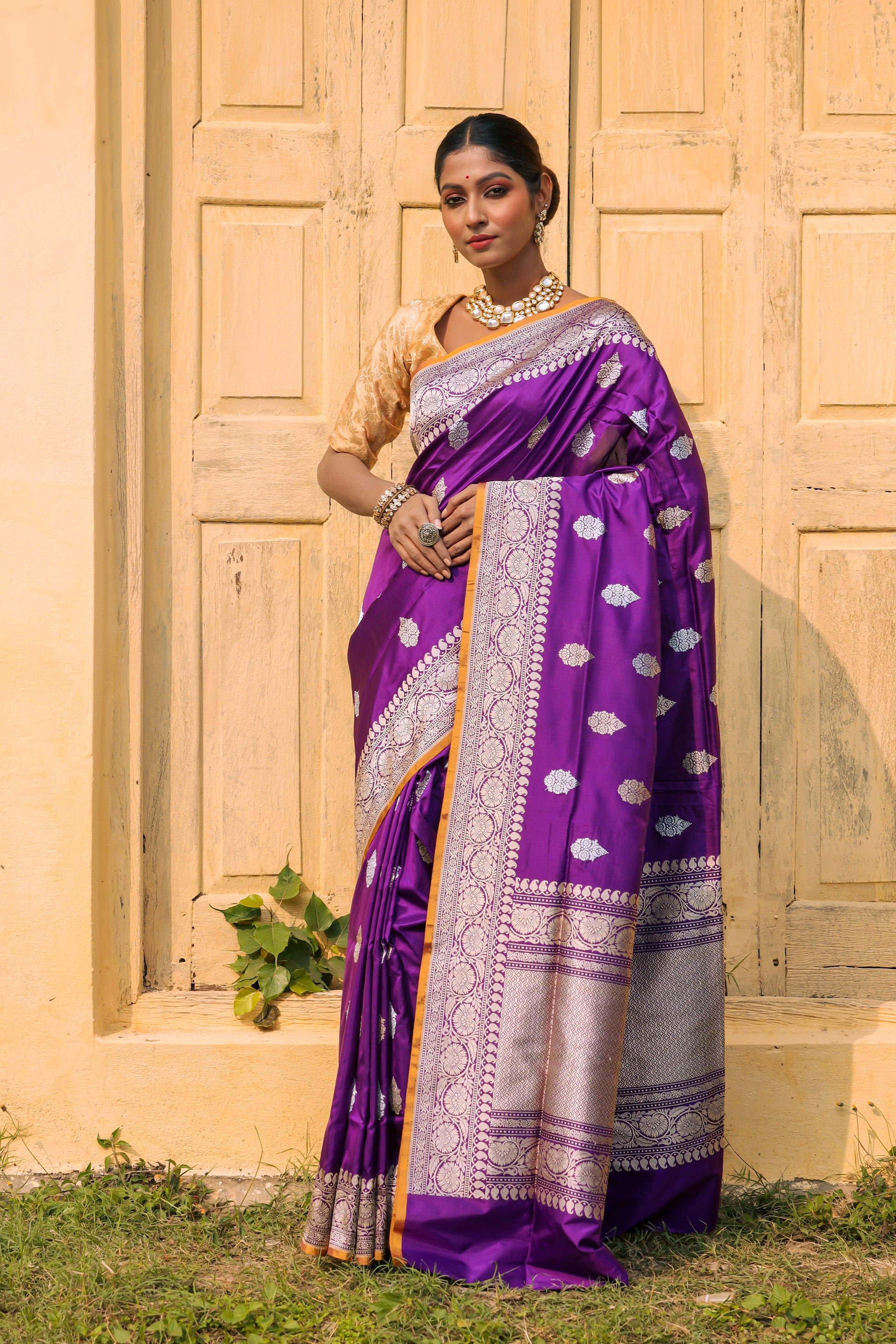 Purple Katan Pure Silk Kadwa Saree - Panaya