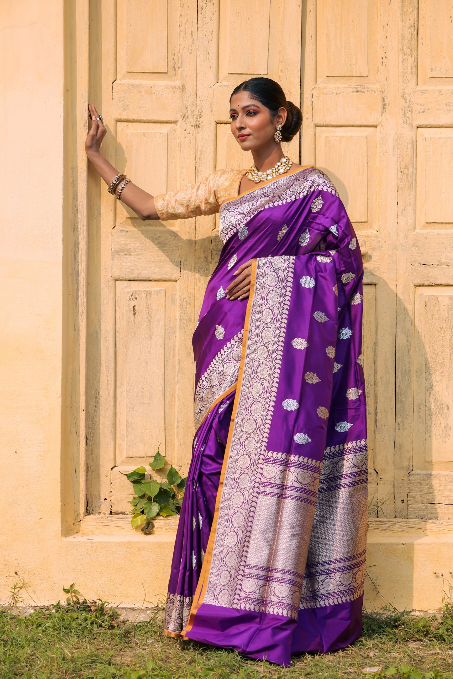 Purple Katan Pure Silk Kadwa Saree - Panaya