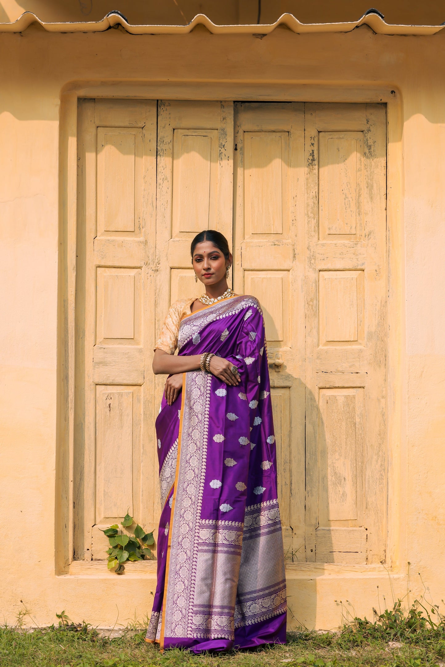 Purple Katan Pure Silk Kadwa Saree - Panaya