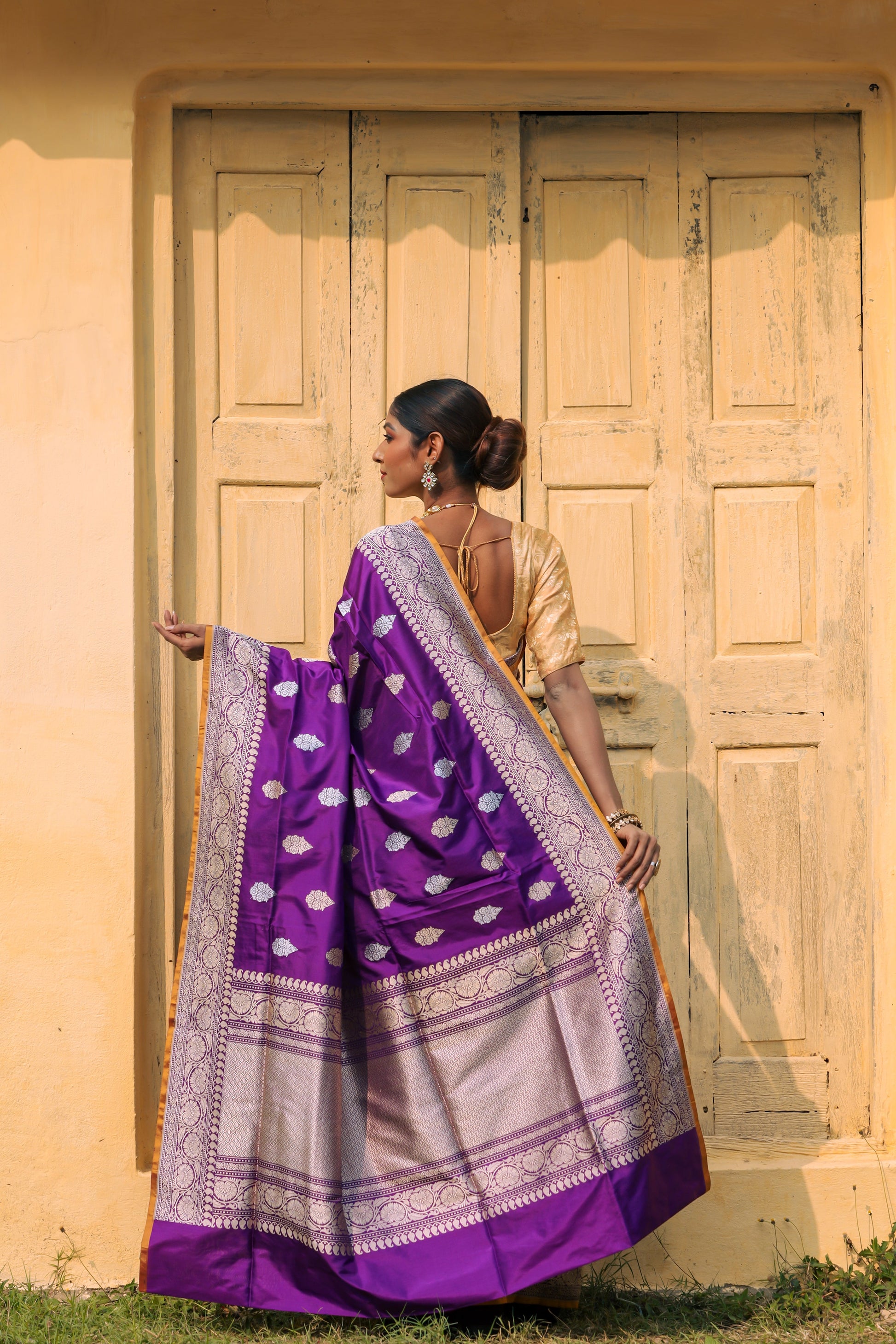 Purple Katan Pure Silk Kadwa Saree - Panaya