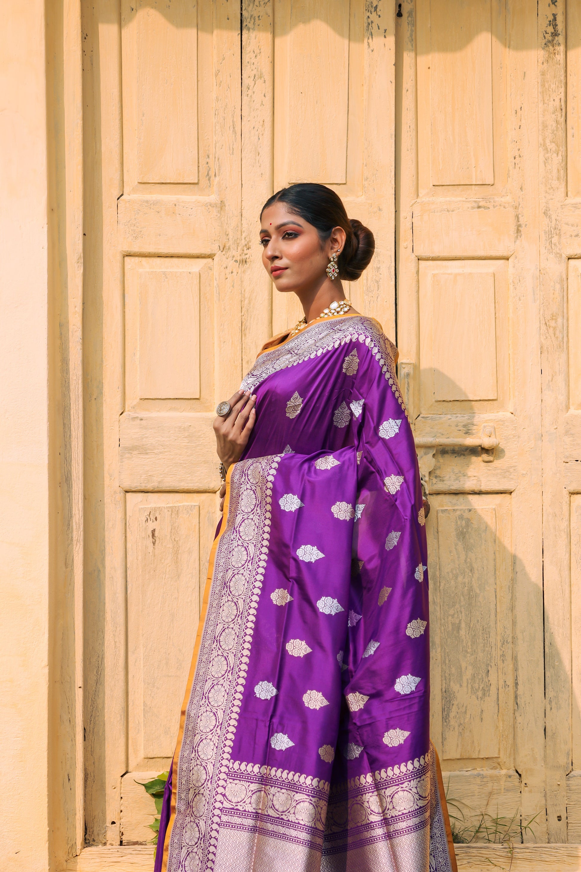 Purple Katan Pure Silk Kadwa Saree - Panaya