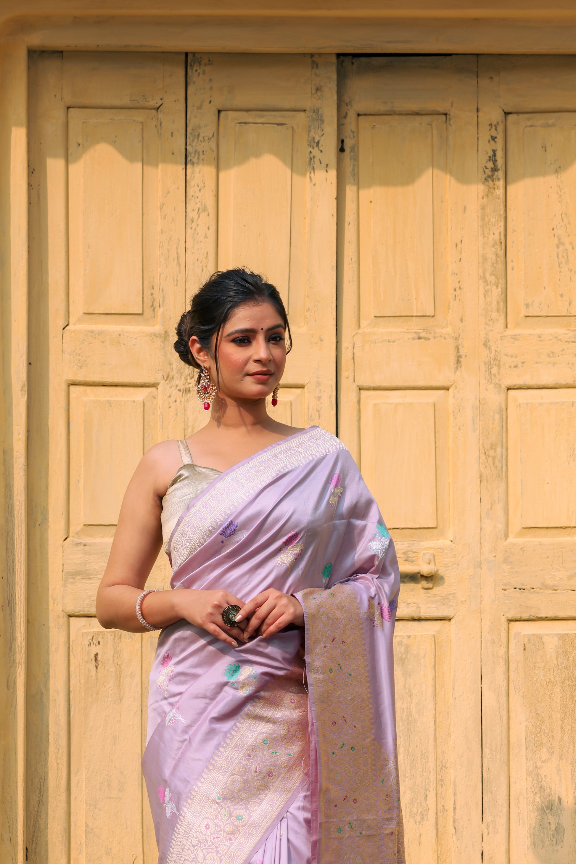 Lavender Katan Pure Silk Kadwa Saree - Panaya