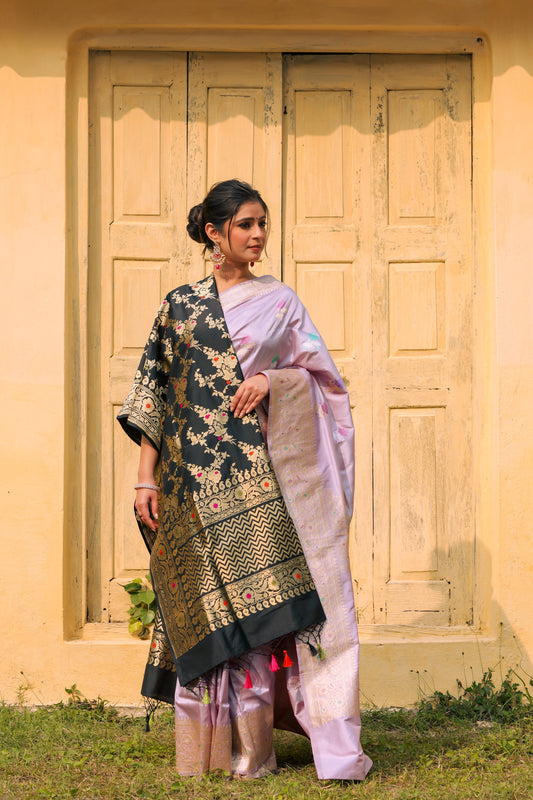 Lavender Katan Pure Silk Kadwa Saree - Panaya