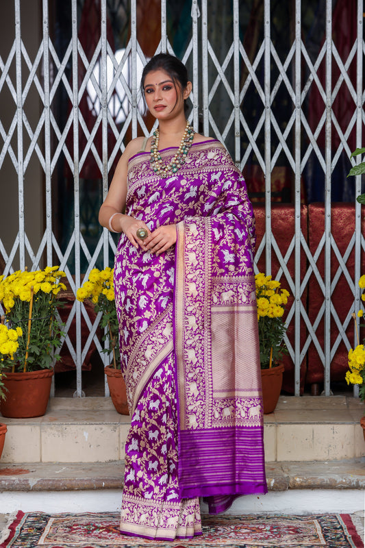 Purple Katan Pure Silk Kadwa Saree - Panaya