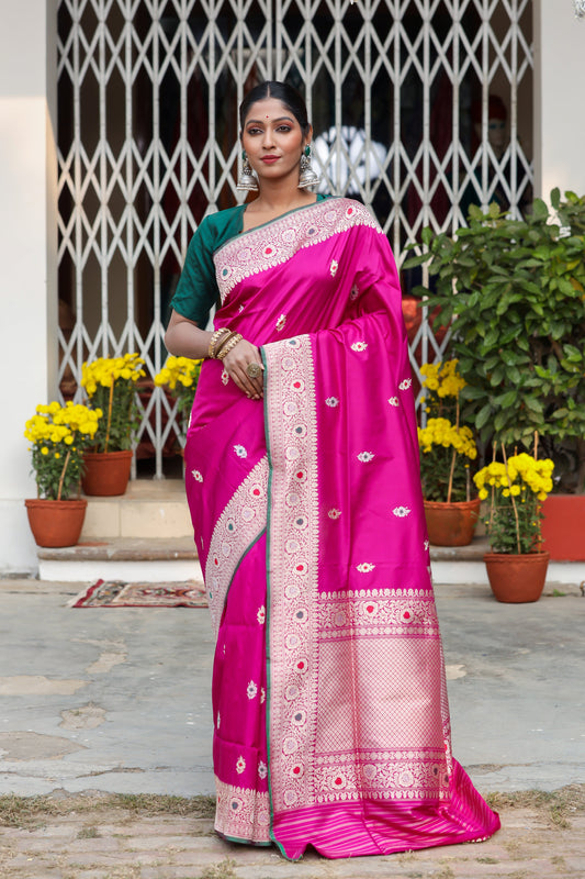 Magenta Katan Pure Silk Kadwa Saree - Panaya