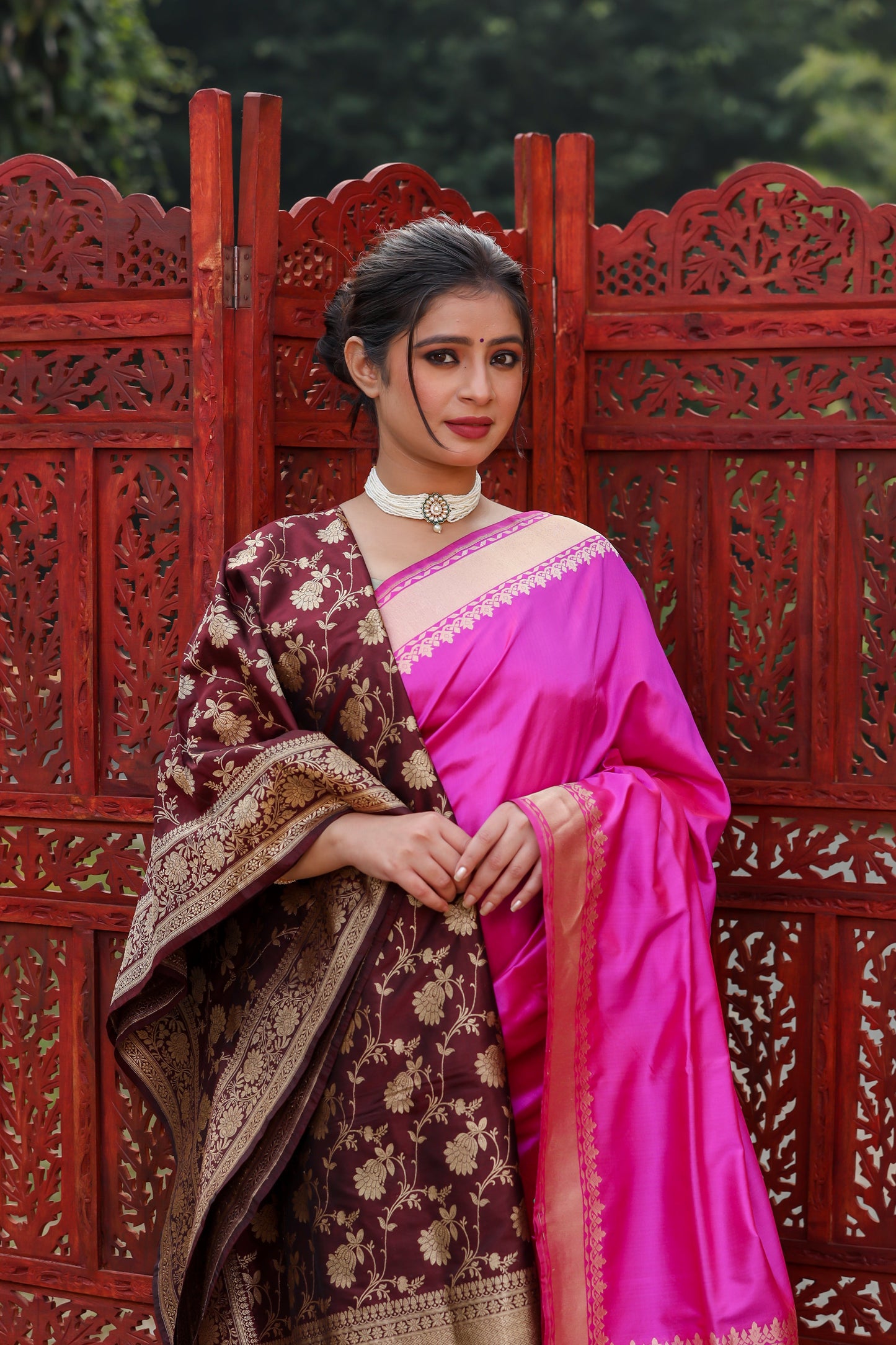 Rani Pink Katan Pure Silk Kadwa Saree