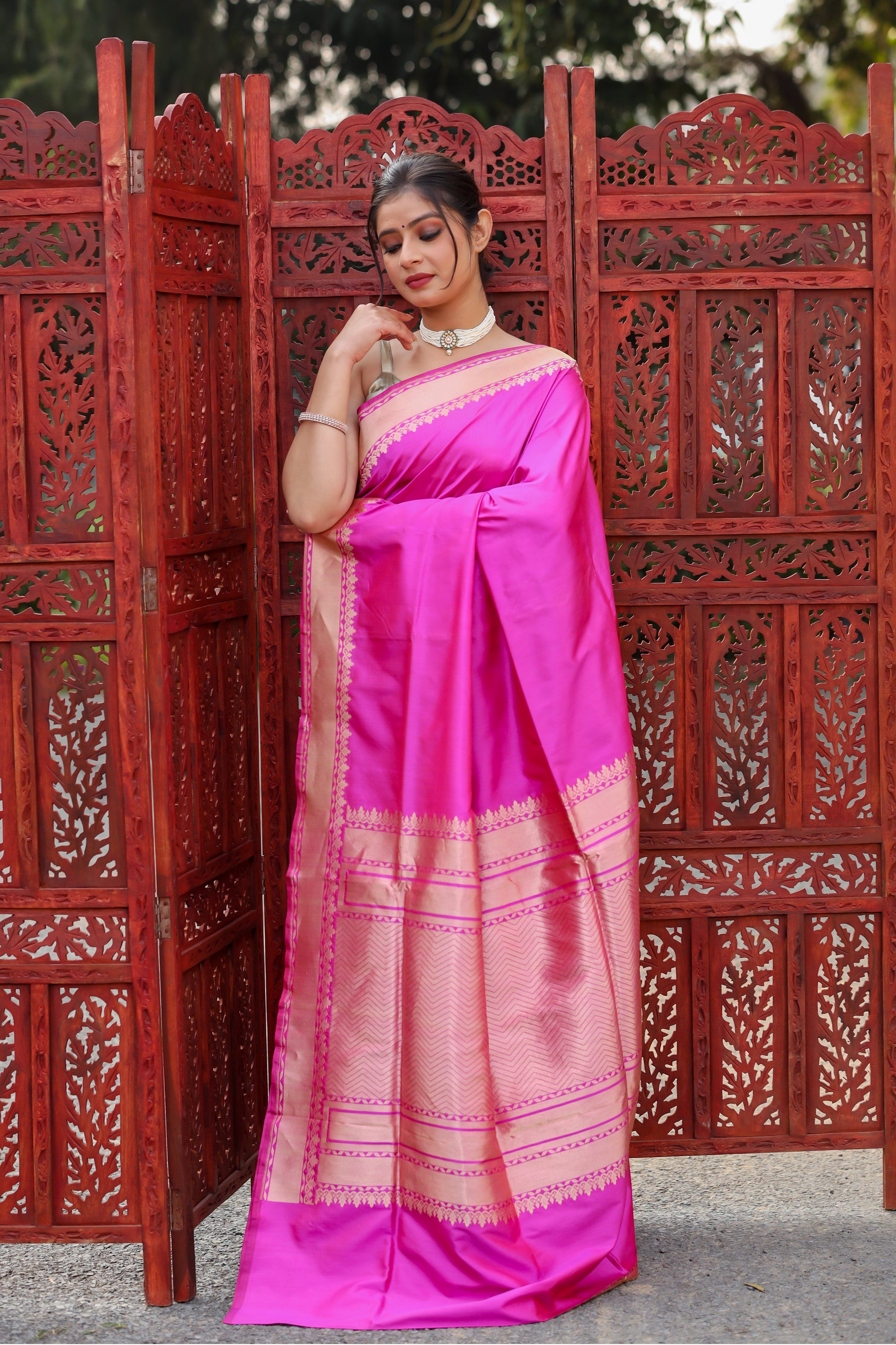 Rani Pink Katan Pure Silk Kadwa Saree - Panaya