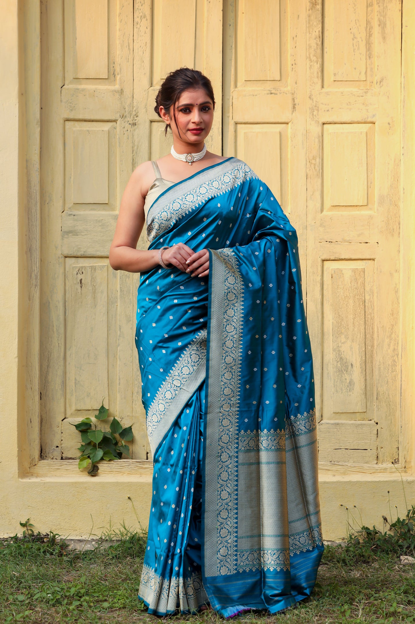 Teal Katan Pure Silk Kadwa Saree - Panaya