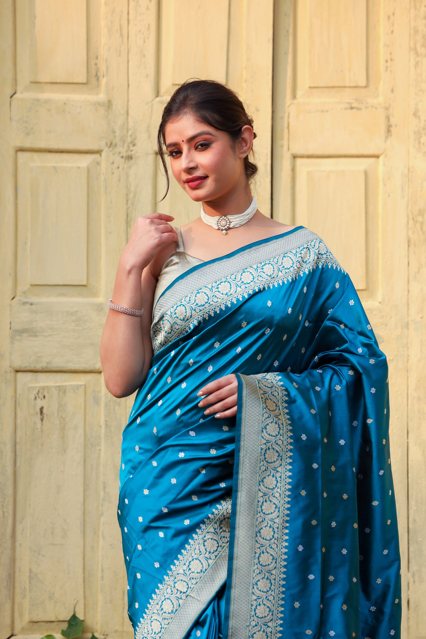 Teal Katan Pure Silk Kadwa Saree - Panaya