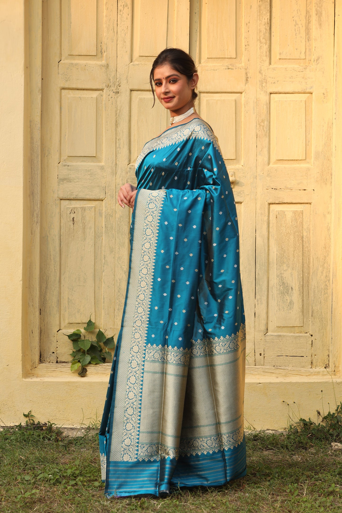 Teal Katan Pure Silk Kadwa Saree - Panaya