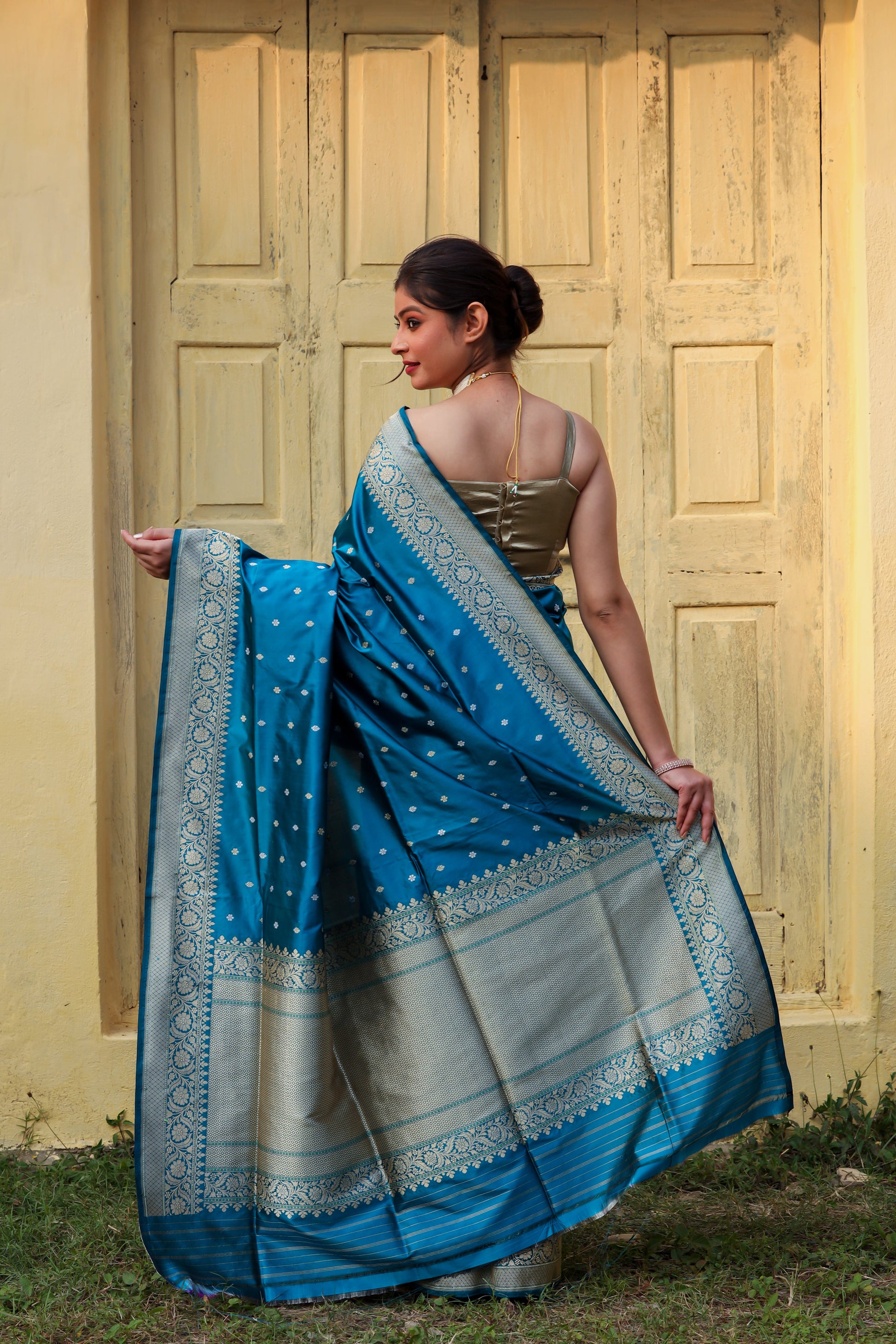 Teal Katan Pure Silk Kadwa Saree - Panaya