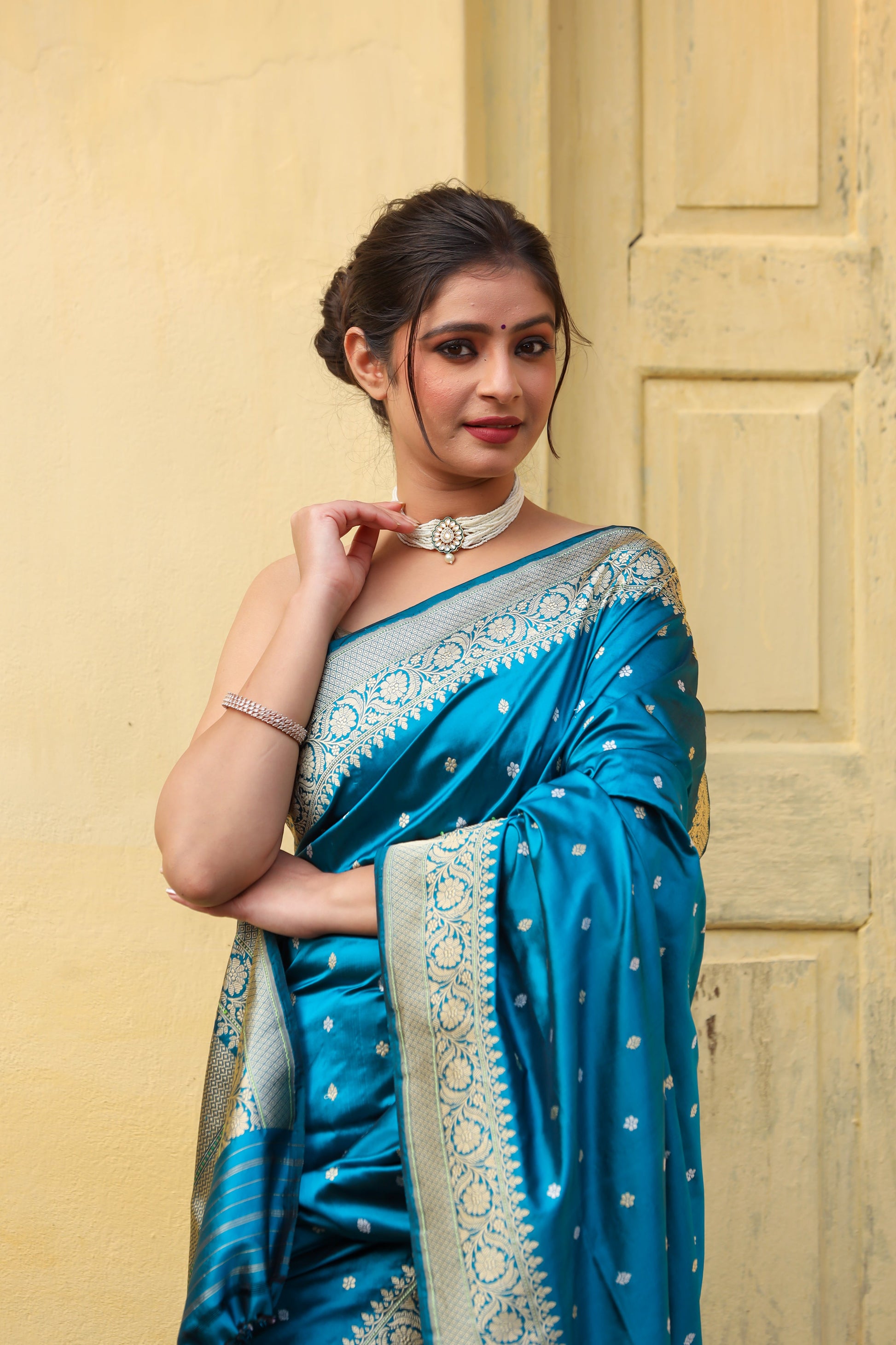 Teal Katan Pure Silk Kadwa Saree - Panaya