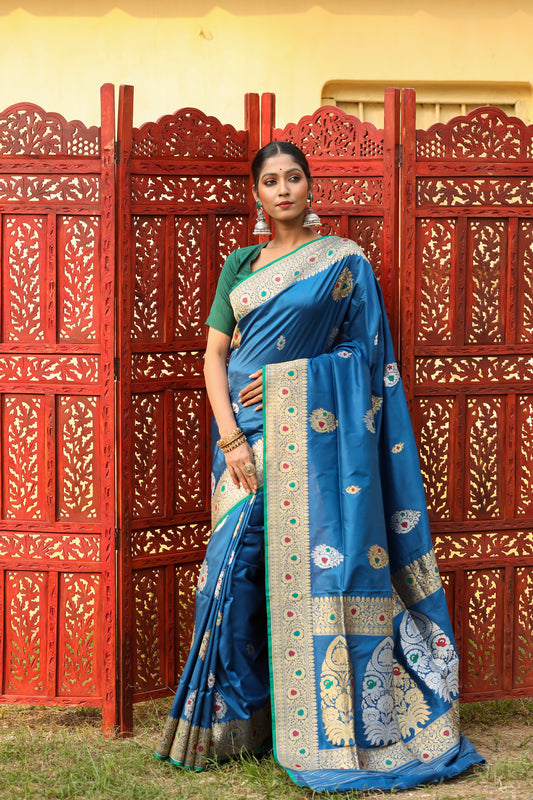 Teal Blue Katan Pure Silk Kadwa Saree - Panaya