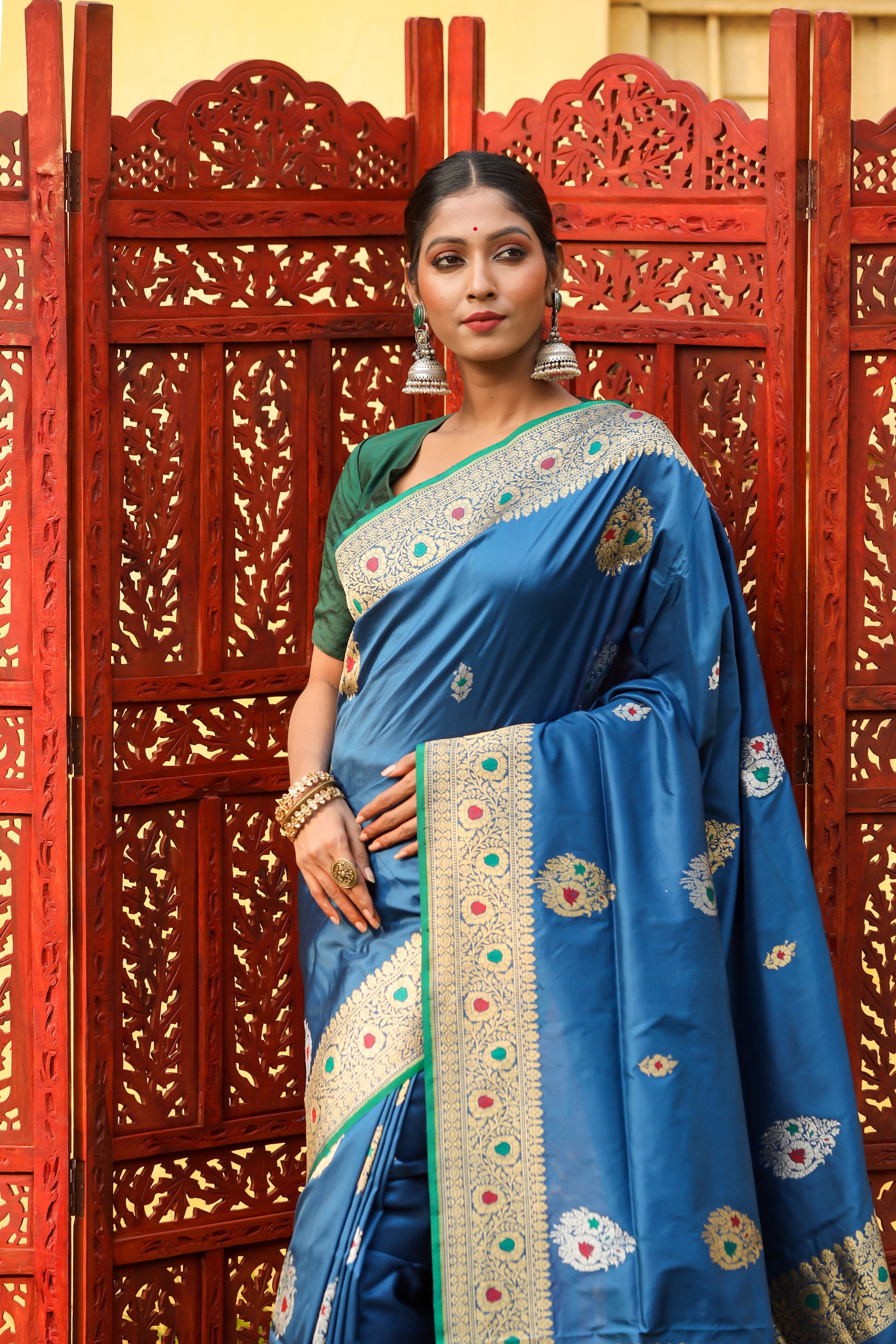 Teal Blue Katan Pure Silk Kadwa Saree - Panaya