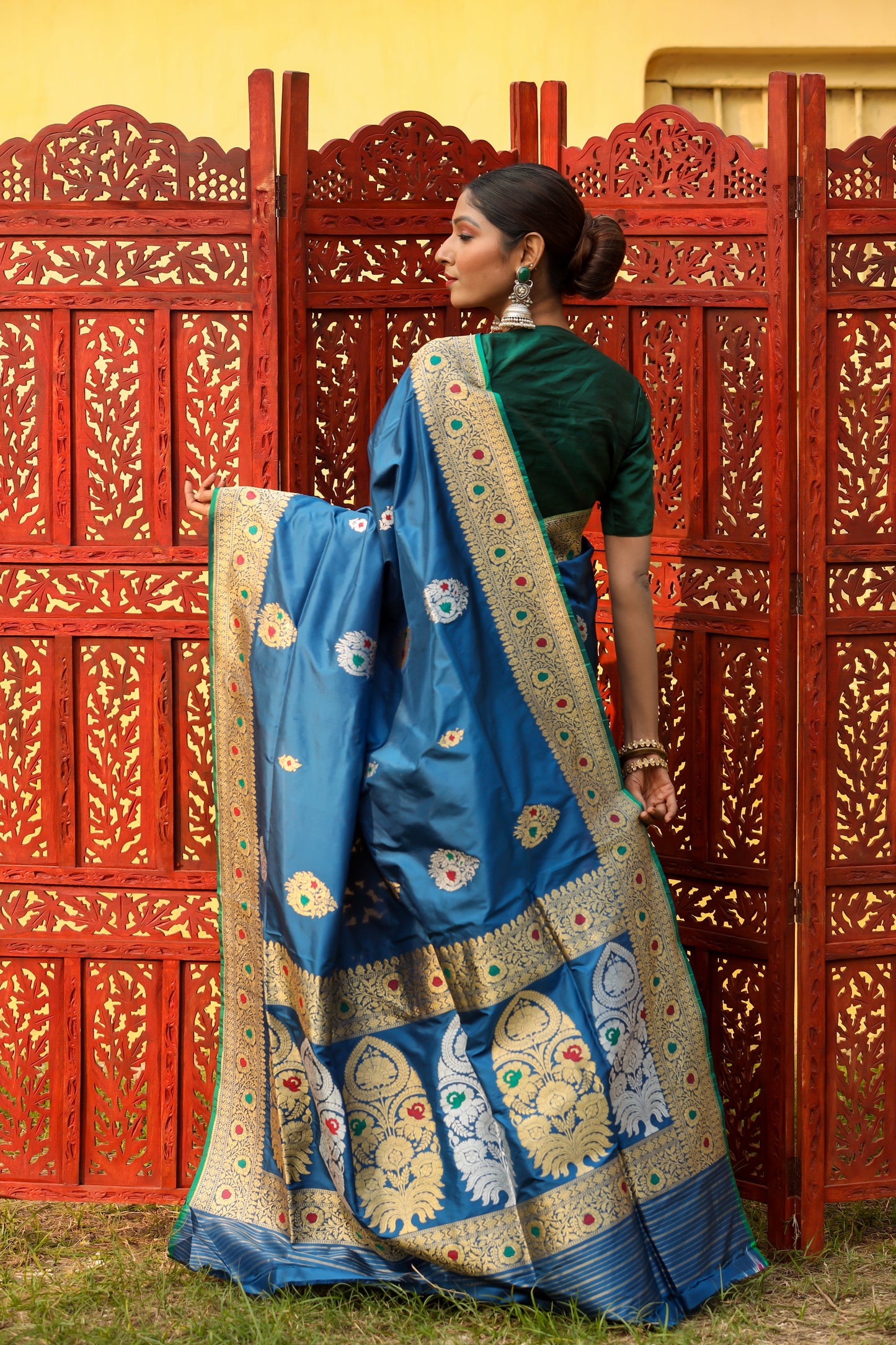 Teal Blue Katan Pure Silk Kadwa Saree - Panaya