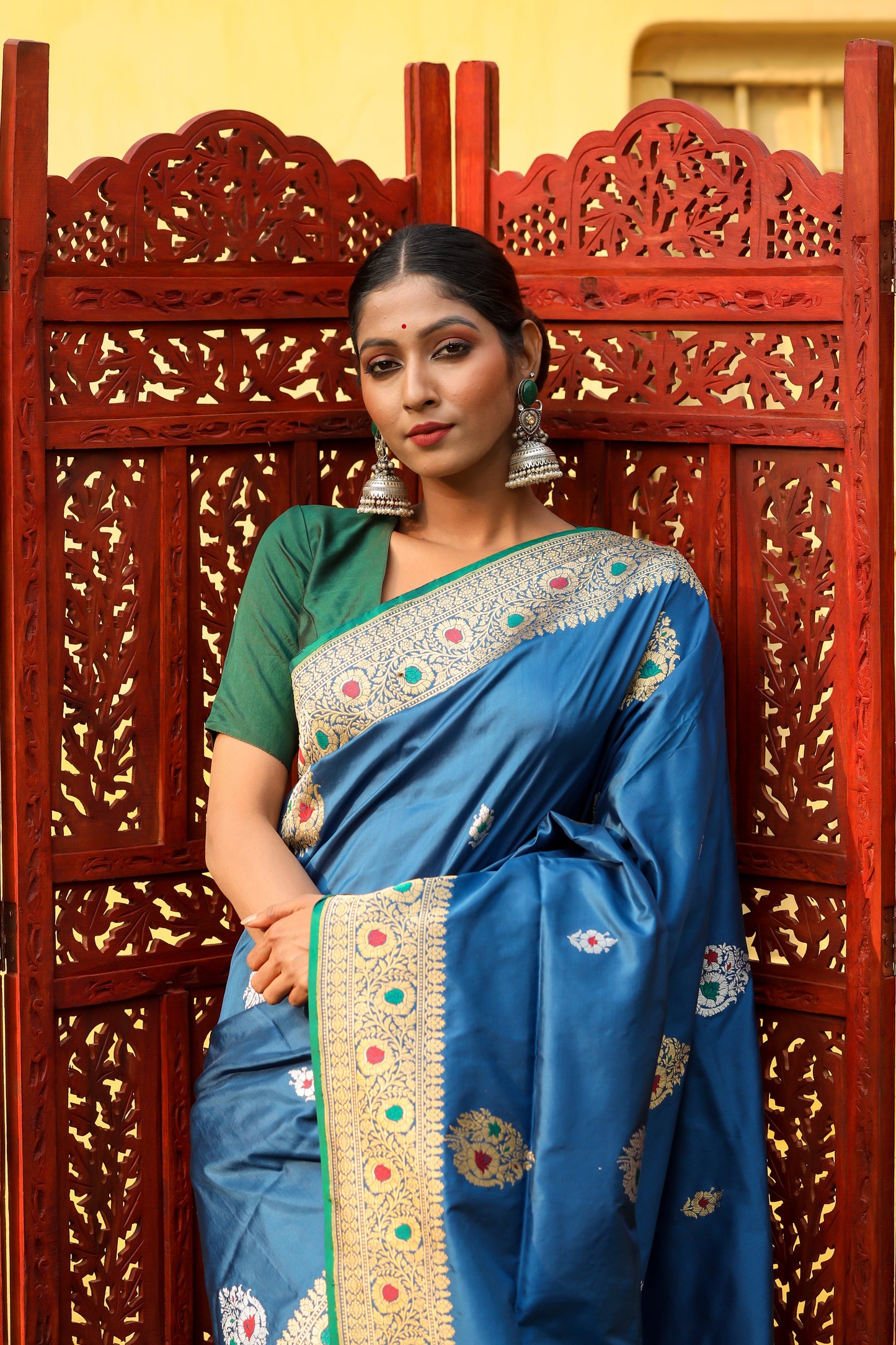 Teal Blue Katan Pure Silk Kadwa Saree - Panaya