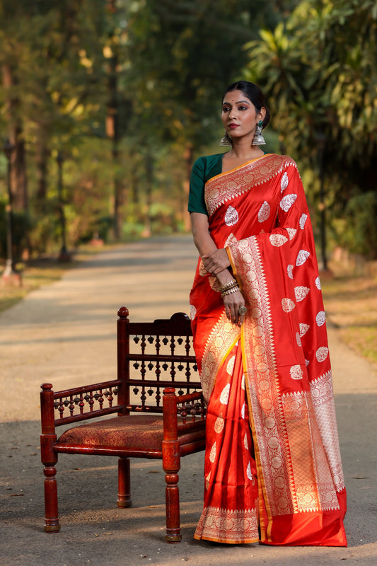 Rust Katan Pure Silk Kadwa Saree - Panaya