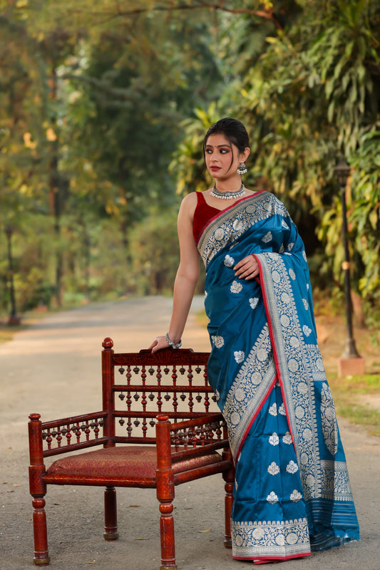 Teal Katan Pure Silk Kadwa Saree - Panaya