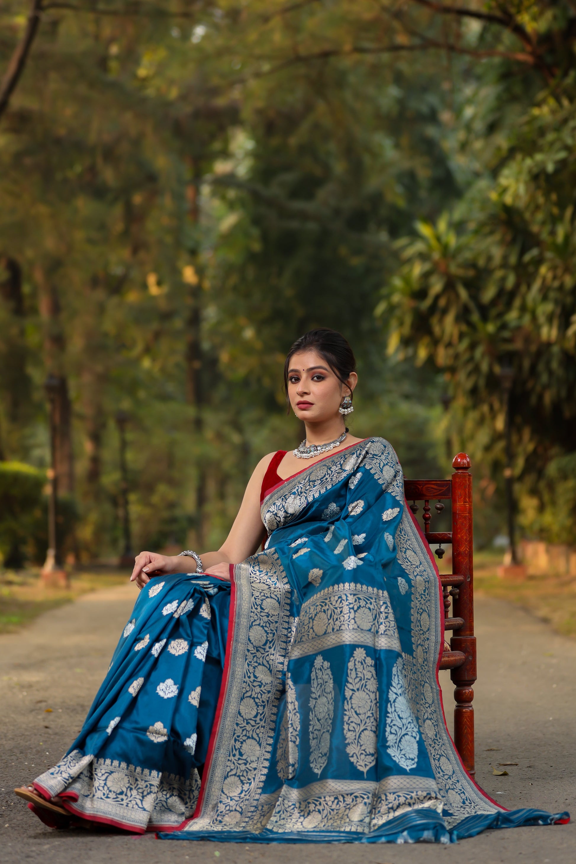 Teal Katan Pure Silk Kadwa Saree - Panaya