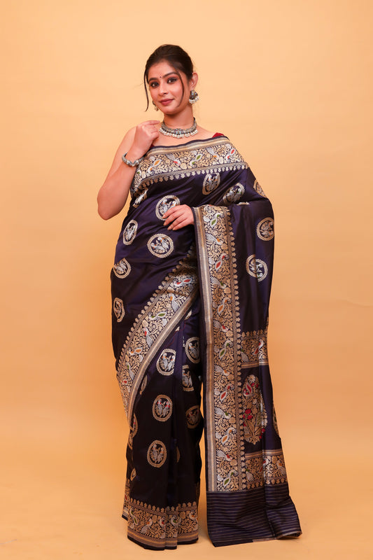 Navy Blue Katan Pure Silk Kadwa Saree - Panaya