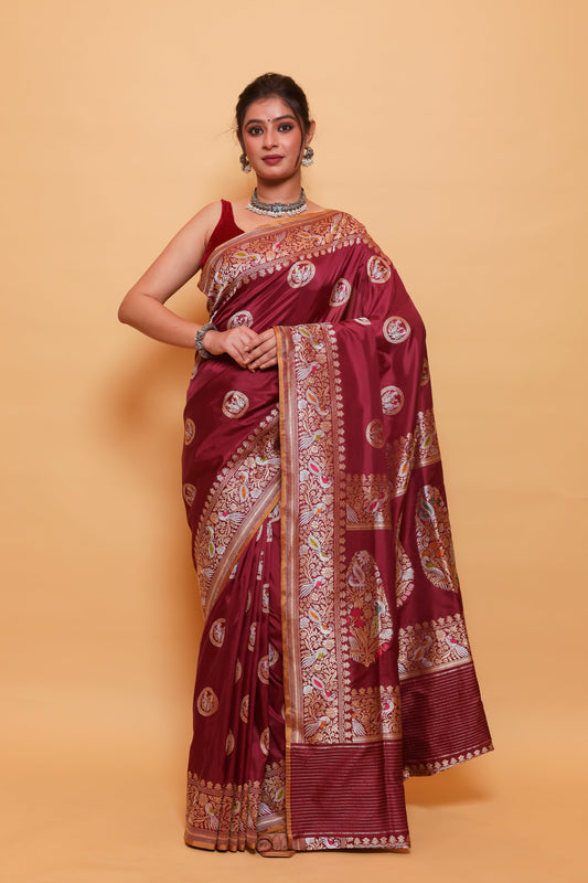 Maroon Katan Pure Silk Kadwa Saree - Panaya